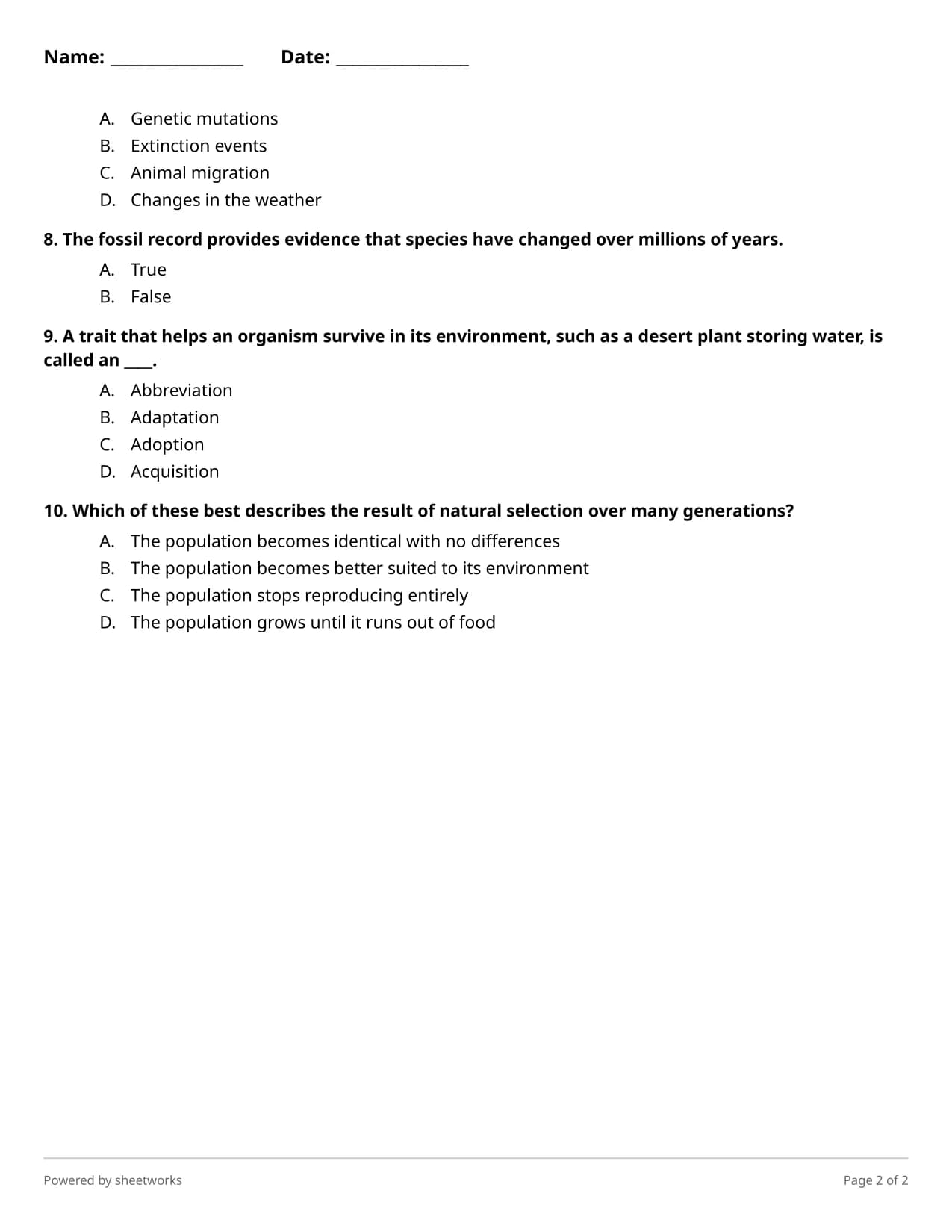 Do Green Toads Survive? 8th Grade Natural Selection Quiz - Free Easy
